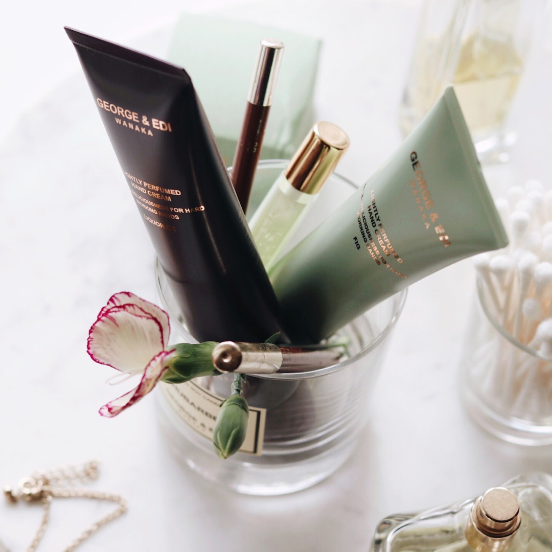 GEORGE & EDI HANDCREAMS AND MAKEUP IN A REUSED CANDLE GLASS